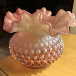Vintage Fenton Glass Cranberry Pink White Opalescent Hobnail Ruffled Vase