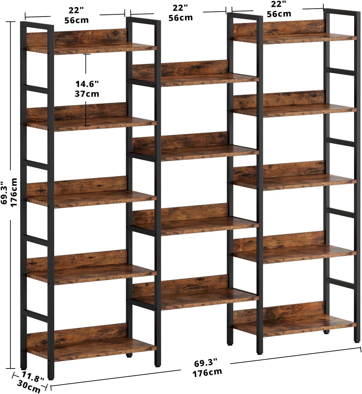 Bookcases and Bookshelves Triple Wide 5 Tiers Industrial Bookshelf with Baffles Large Etagere Bookshelf with Metal Frame for Living Room H