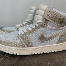 Mens Size 7.5/ Women’s 8.5: Custom White, Tan & Gold Iced Out Blingged Nike Air Sneakers with white Shoe Strings, Measures 25.5 cm long, Size Euro 4