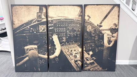 Vintage Airplane Cockpit Triptych Canvas Wall Art