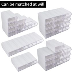 16 Pcs Drawer Stackable Storage Cabinet, White Plastic Organizer with Drawers &