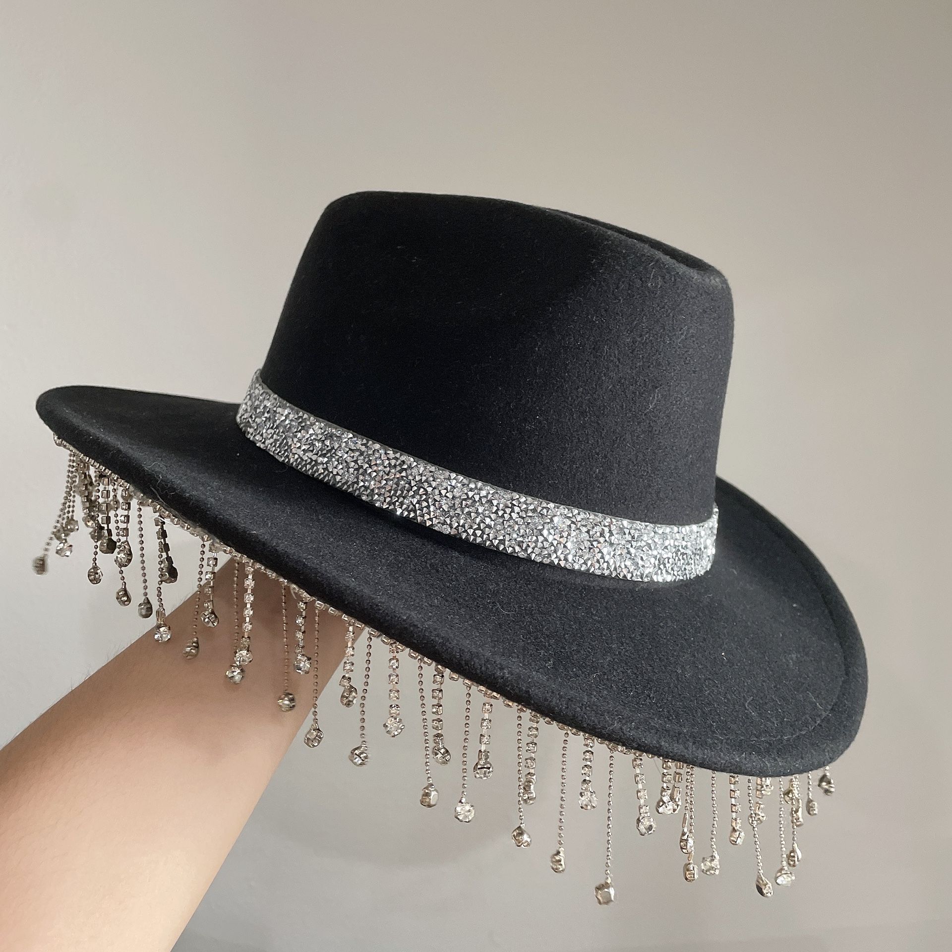 Cotton felt black bling bling cowboy fedora hat crystal Fringe