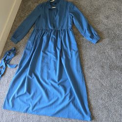 Mulvari Solid Color Lantern Sleeve Stand Collar Belted Arabian Dress With Frill Hem
