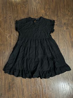 MIHOLL Black Solid Round Neck Lined Tiered Ruffle Mini Dress Short Sleeve L