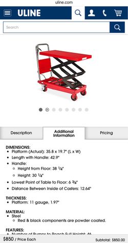 Uline Scissor Lift Cart Red Steel