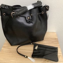 Bella Russo Pebbled Faux Leather Bucket Drawstring Crossbody Bag With Adjustable Strap & Wristlet, Black