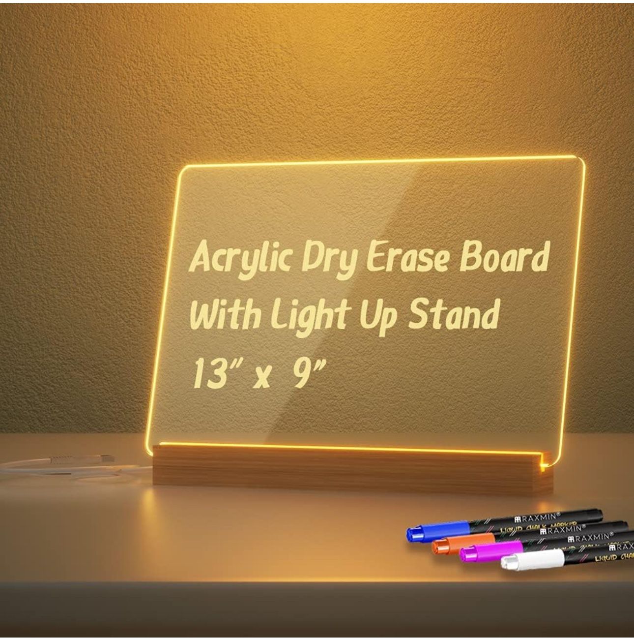 Acrylic Dry Erase Board with Light Up Stand for Desk 13 x 9 inch Clear Desktop Note Memo White Board Notepad Table LED Letter Massage Boards for Perso