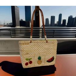 Basket Weave Straw tote purse vacation medium beach Bag beaded Fruit Pineapple