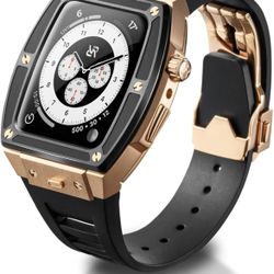 RYUEUYA Luxury Stainless Steel Case Rubber Band For Apple Watch 44/45mm