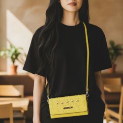 Nicole Lee USA Yellow Faux Leather Clutch Wallet Wrist/Shoulder Strap Blemishes See Pics. Comes in original box.  Box has damage. SOLD AS-IS IN DAMAGE