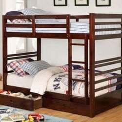 Brand New Espresso Twin Size Bunk Bed w Trundle Drawers 