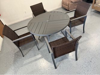 5-Piece Outdoor Patio Dining Set - Round Gray Table + 4 Brown Wicker Chairs