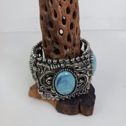 Chunky Faux Turquoise Bracelet Silvertone Blue Stones Vintage