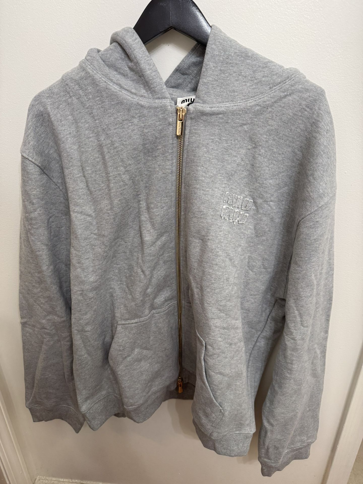 Miu miu FW 2023 Embroidered Cotton Grey Hoodie Size Large