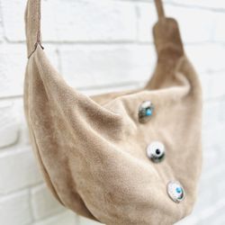 New Western Chic Boho Nude Suede Leather Concho Embellished Crossbody Bag