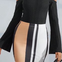 Cold Shoulder Ribbed Long Sleeve Crop Top & Striped Skirt Set *NEW*
