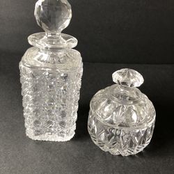 Antique American Cut Glass Cologne Bottle & Pressed Glass DresserJar