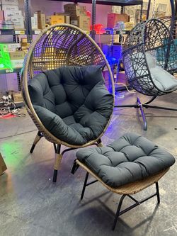Wicker Egg Chair with Ottoman, Indoor Outdoor Egg Basket Lounge Chair w/Cushion, Oversized Egg Seat with Legs 440 Lbs, Comfy Cozy Boho Style Nest Chai