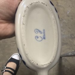 Vintage Mexican blue and white ceramic condiment set