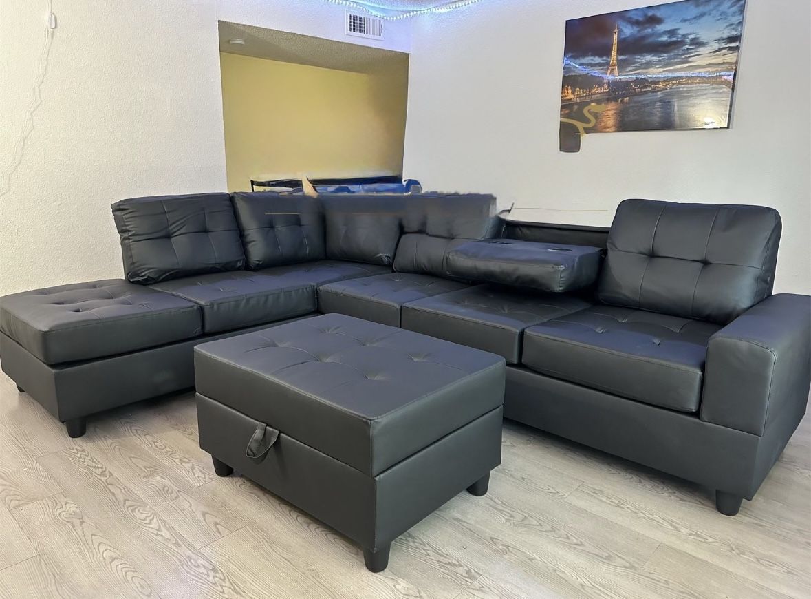 NEW IN BOX Reversible Sectional + Ottoman -Black Pu Sectional FINANCE AVAILABLE $54 down pmt
