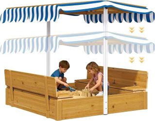 Sand Box with Lid and Cover -Sandbox with Adjustable Canopy, Storage and Bottom Liner Wooden Sand Pit Bench for Backyard Outdoor Indoor Playgrounds fo