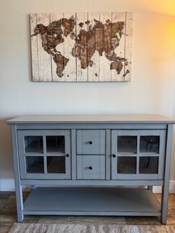 Large Gray Storage Console with Glass Doors & Drawers