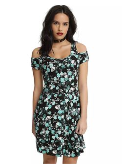 Hot Topic Rare Black Mint Floral Skull Cold Shoulder Alt Goth Skater Dress M