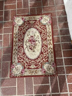 Vintage French Aubusson Style Needlepoint Wool Rug / Wall Hanging Tapestry Roses Floral 24x35 Small Carpet Handcrafted