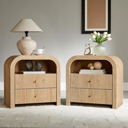 24" Fluted Nightstand Set of 2, Large 2 Drawers Bedside Table with Charging Station, Modern End Table with Storage Night Stand