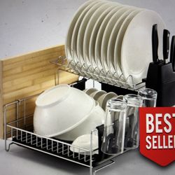 Brand New Stainless Steel 2-Tier Dish Drying Rack w/Utensil Holder& Drip Tray
