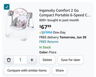 Ingenuity Comfort 2 Go Compact Portable 6-Speed Cushioned Baby Swing with Music, Folds Easy, 0-9 Months 6-20 lbs (Pink Flora the Unicorn)