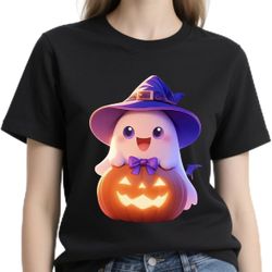 Halloween Shirts for Women - Pumpkin Ghost Wizard Hat Pattern Round Neck Short Sleeve