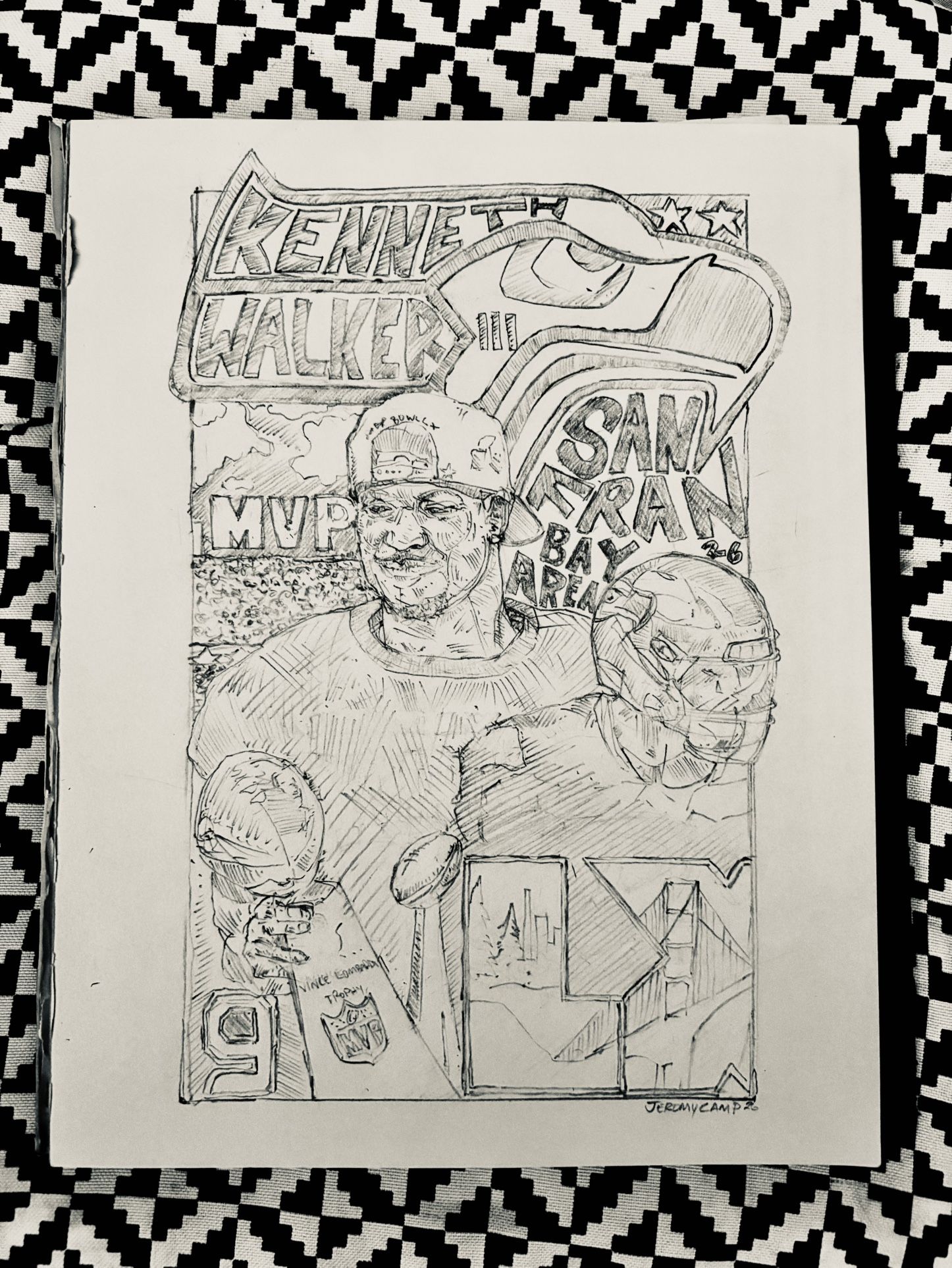 Original Pencil Drawing Kenneth Walker III MVP Football Collectable One Of A Kind Illustration Sports NFL Bay Area