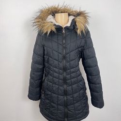 Black Puffer Coat Medium Faux Fur Hood Sherpa Lining Mid Winter Bebe