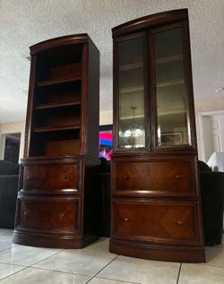 BOMBAY Vintage Solid-Wood Bookshelves With Filing Cabinets & Glass Doors- Good Condition