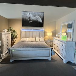 Grey King Bed, Dresser, Mirror And One Nightstand