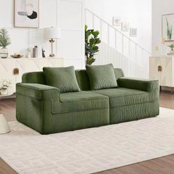 Modern Green Corduroy Two Seater Sofa