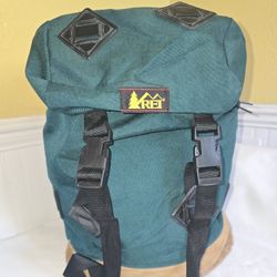 VINTAGE REI Brown Leather & Green Large Backpack 