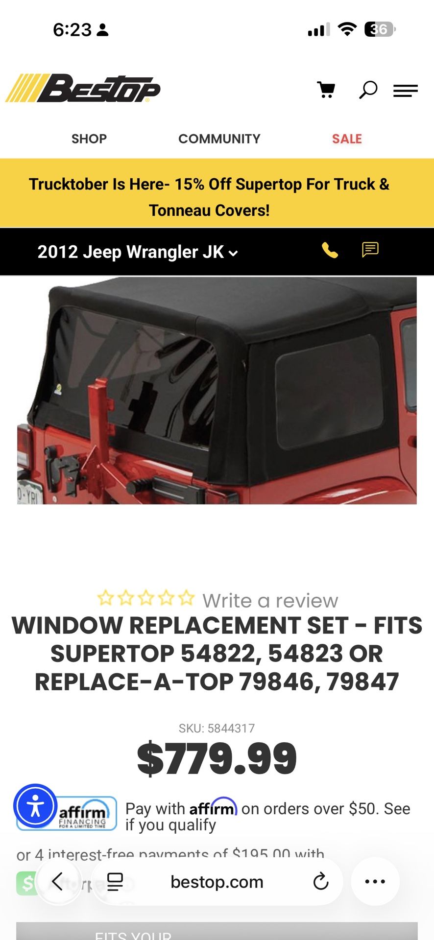 Bestop Premium Twill Soft Top Replacement Windows – Jeep Wrangler JK 4-Door (2007–2018) – Brand New