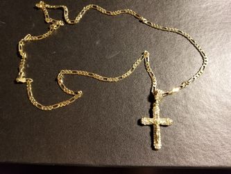 14k gold plated figaro chain, iced out cross.