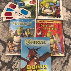 Shrek One, Two,Three, Puss In Boots, And Shrek 3-D With 4 3D Glasses