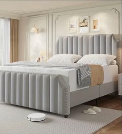 Clearance Sale/Gray Velvet Queen Bed Frame. Brand New In Original Box