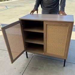 New In Box 31.5x15x33 Inch Tall Entryway Rattan Buffet Sideboard Cabinet Cupboard Shelf Teak Microwave Stand Shoe Rack Storage