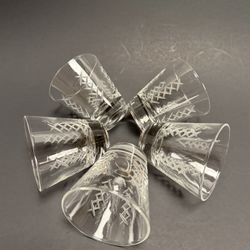 Vtg Clear Cut Shot Glass Set of 5 — 3′′ Tall X‐Cut Pattern