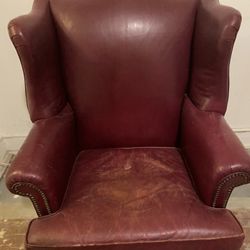 Ethan Allen English Georgian Burgundy Red Leather Wingback Lounge Chair