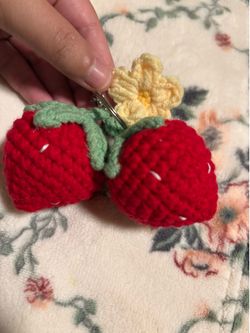 Crocheted Strawberry Cherry Keychain & Hanging Blue Flower
