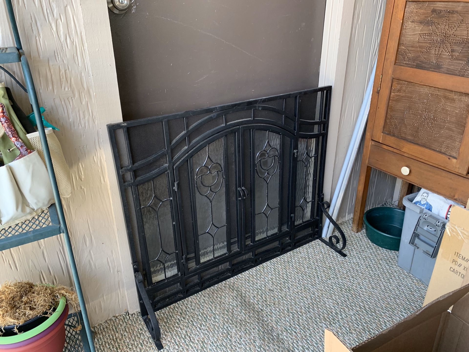Black Iron and Glass Fireplace Screen