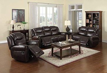Brand New Brown Leather 3pc Reclining Set With Copper Nail Studded Trim