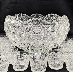 Vintage McKee Rotec or L.E. Smith Daisy & Button Punch Bowl 14 Piece Set Cups & Ladle USA Punch Bowl, 12 Cups & Ladle