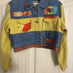HYPE Multicolored Women’s Denim Jean Jacket; Size Large; Trucker Style; Patchwork; Button Front